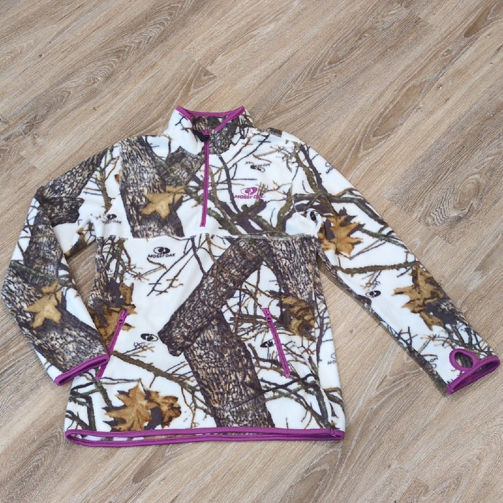 🍃🍂💜Mossy Oak White Camo Fleece with Purple Trim Women's size S/CH (4-6)🍃🍂💜